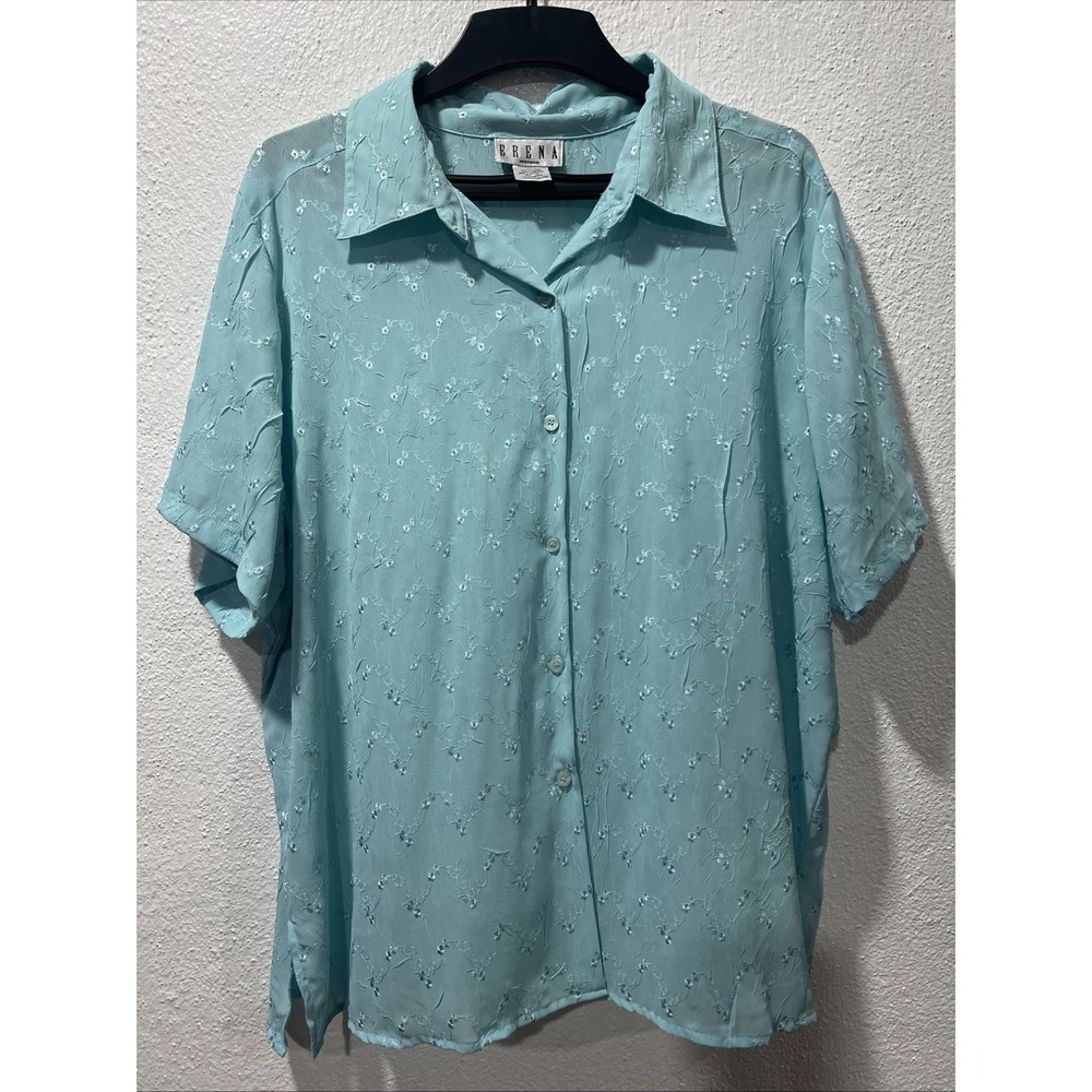 ERENA Women's Teal Color Button Up Floral Embroidered Short Sleeve‎ SZ 2X